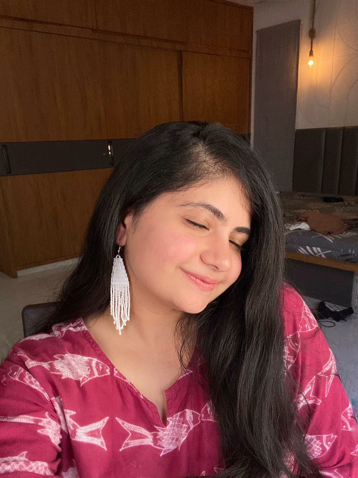WHITE VELVET FRINGE TASSEL EARRINGS