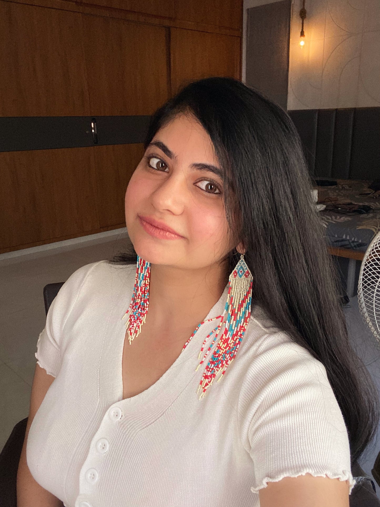 LONG BEADED TASSEL BEIGE EARRINGS