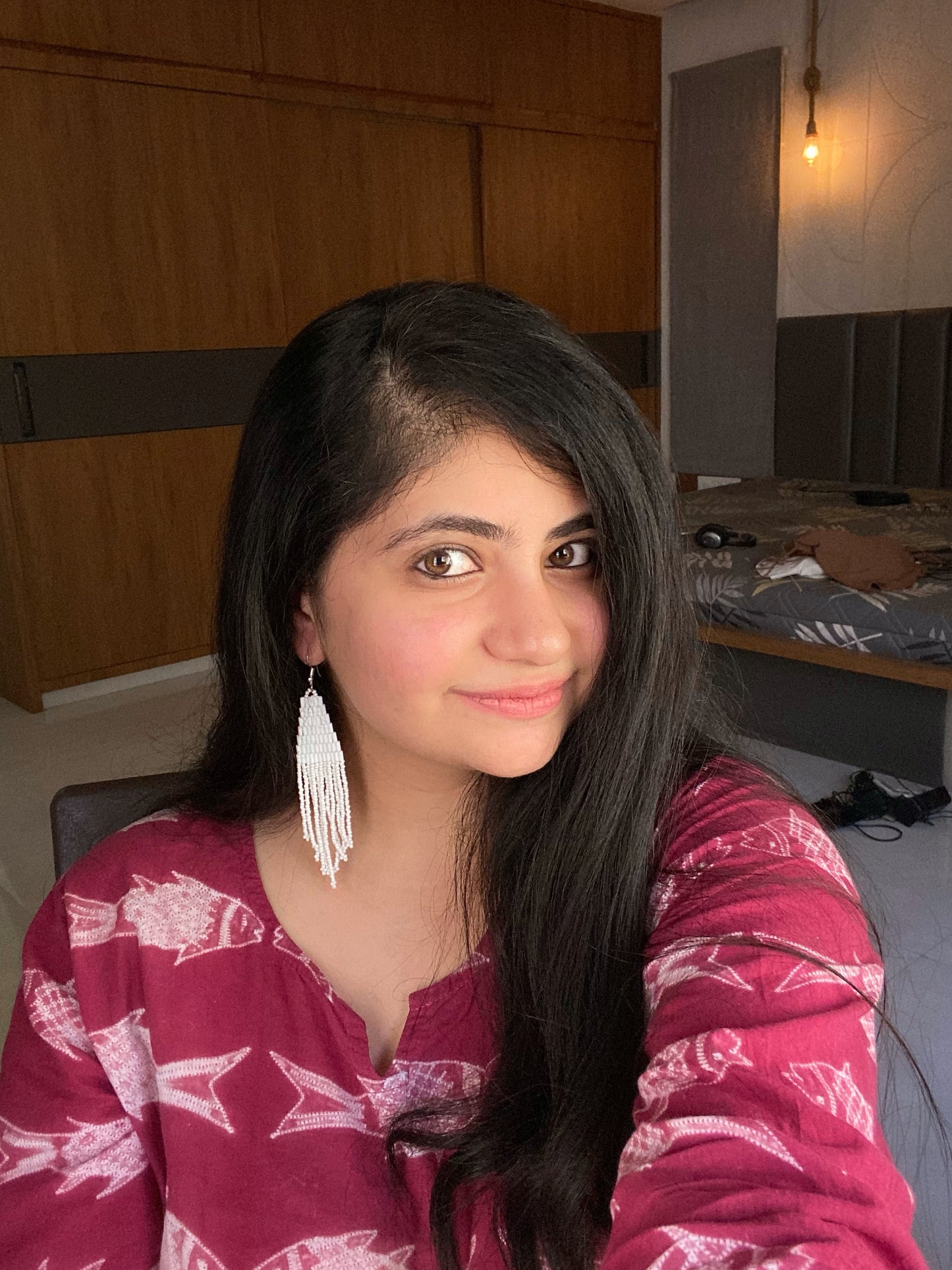 WHITE VELVET FRINGE TASSEL EARRINGS