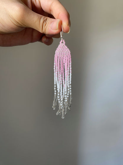 PINK FEATHER FRINGE TASSEL EARRINGS