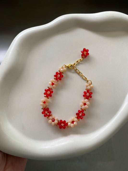 RED AND NUDE CRYSTAL FLOWER BRACELET