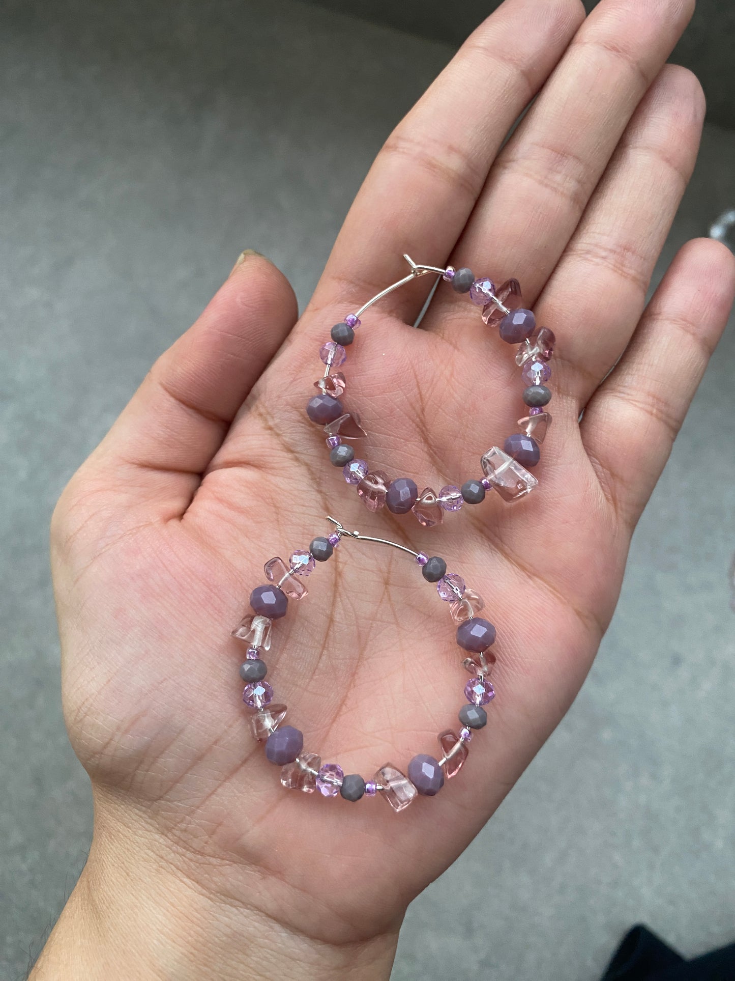 PURPLE AND GREY CRYSTAL HOOP EARRINGS