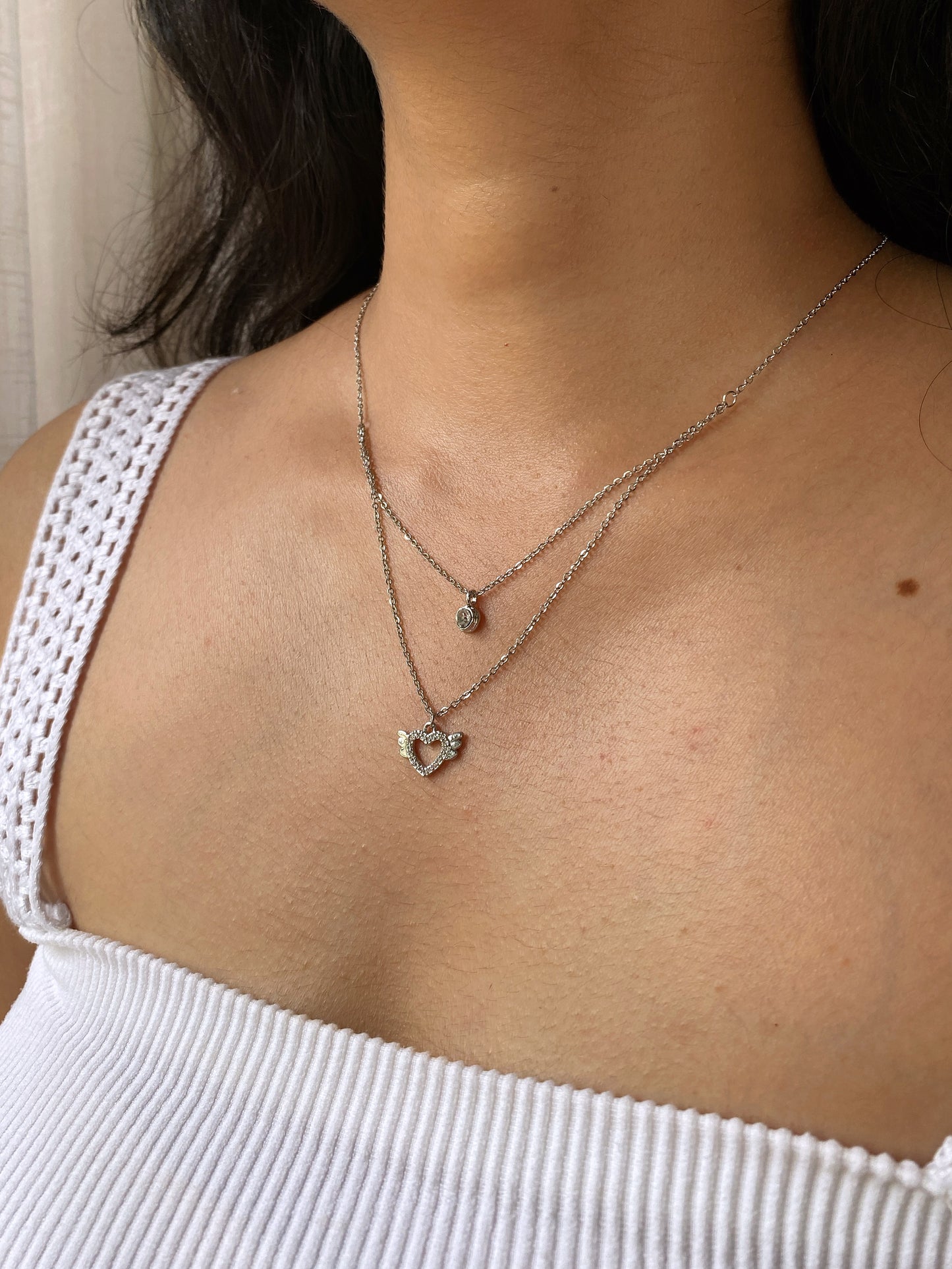 HEART WITH WINGS - DOUBLE LAYER SILVER CHAIN NECKLACE