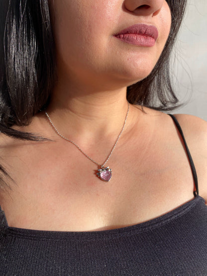 GLITTERY CRYSTAL BOW HEART NECKLACE WITH SILVER CHAIN