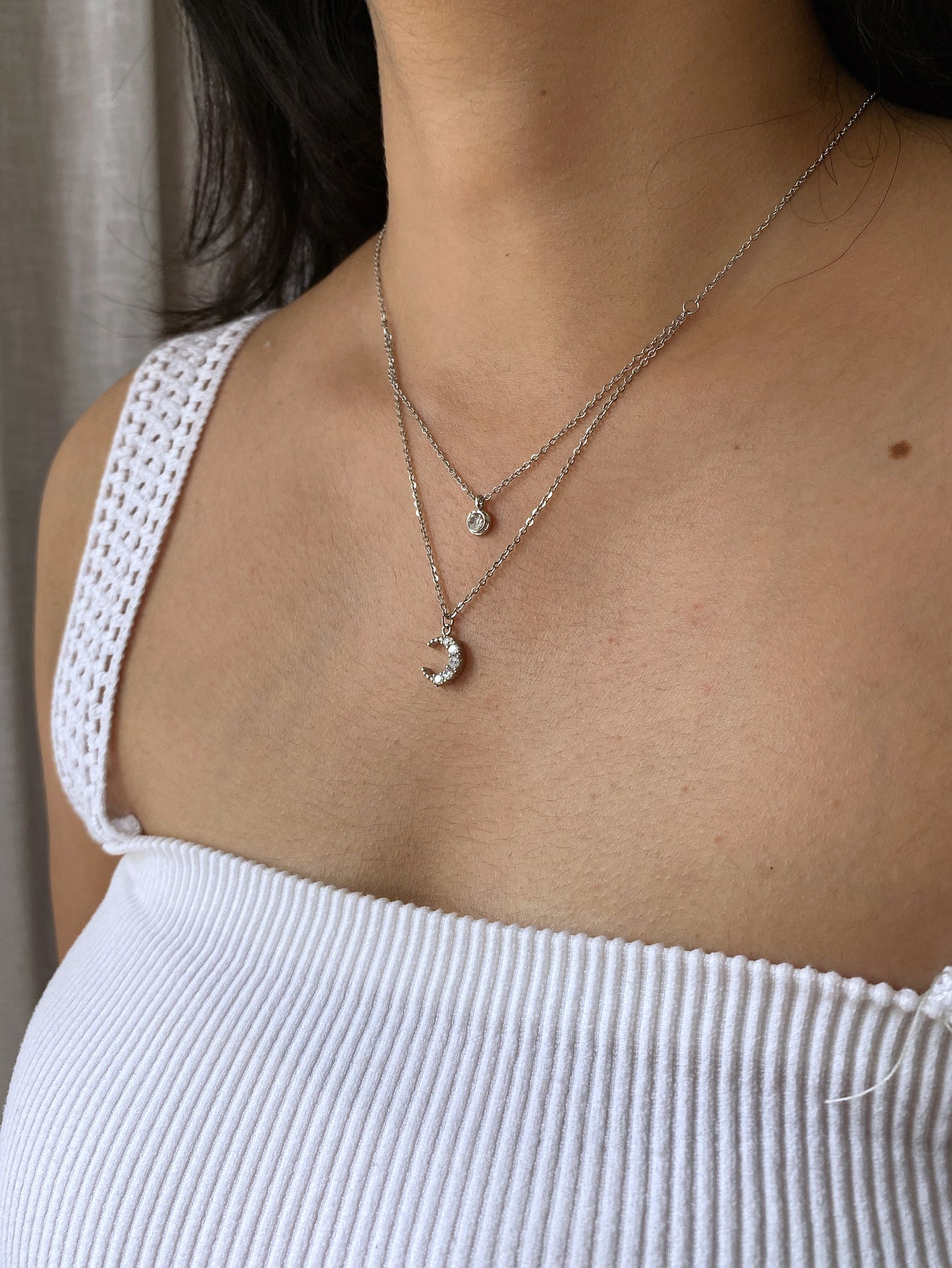 THE SHINY MOON - DOUBLE LAYER SILVER CHAIN NECKLACE