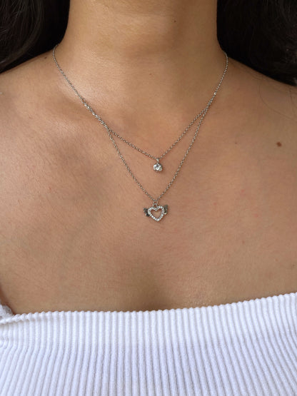 HEART WITH WINGS - DOUBLE LAYER SILVER CHAIN NECKLACE