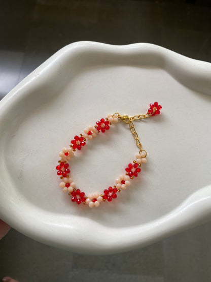 RED AND NUDE CRYSTAL FLOWER BRACELET