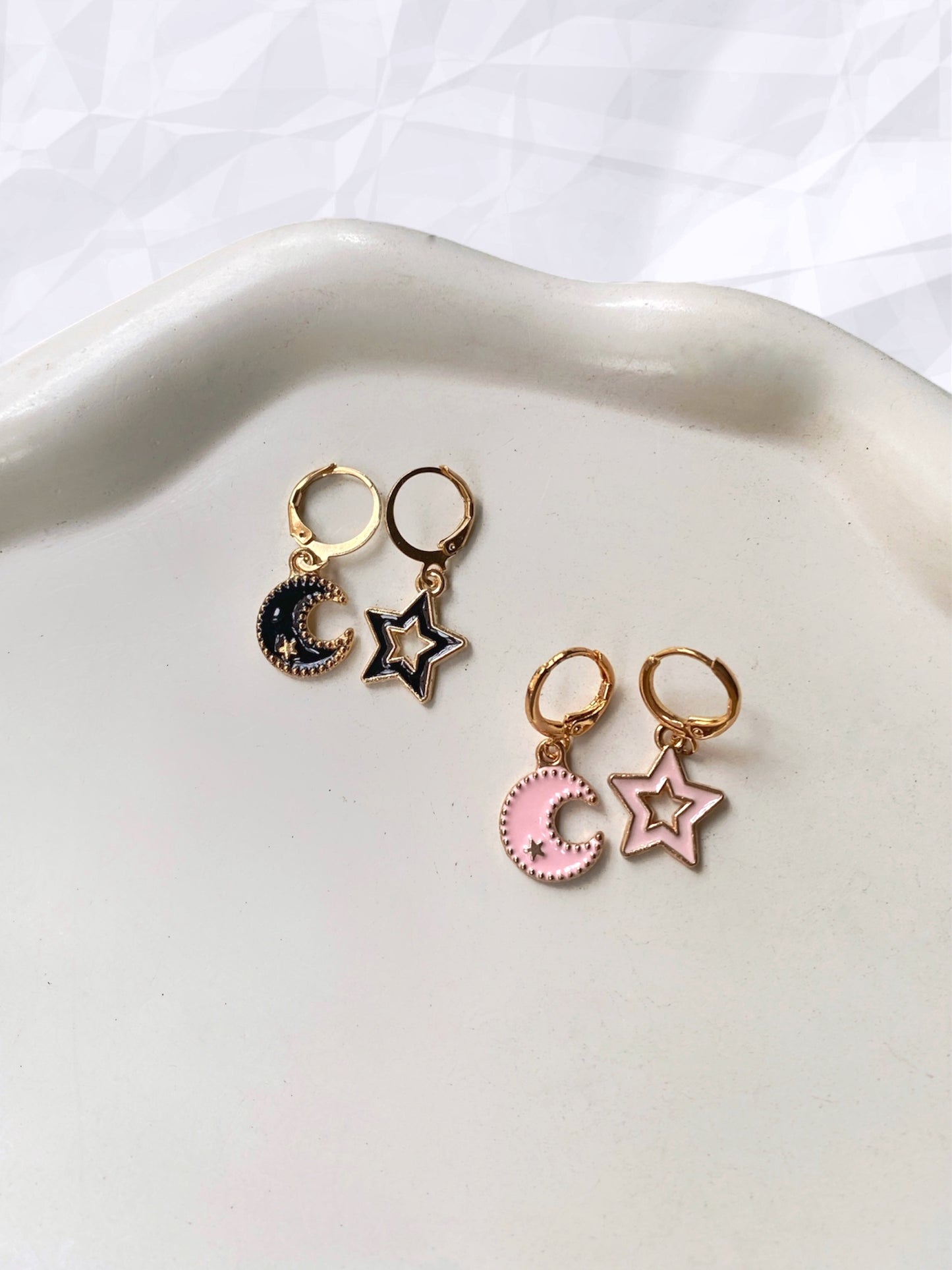 MOON AND STAR ASYMMETRICAL HUGGIE EARRINGS