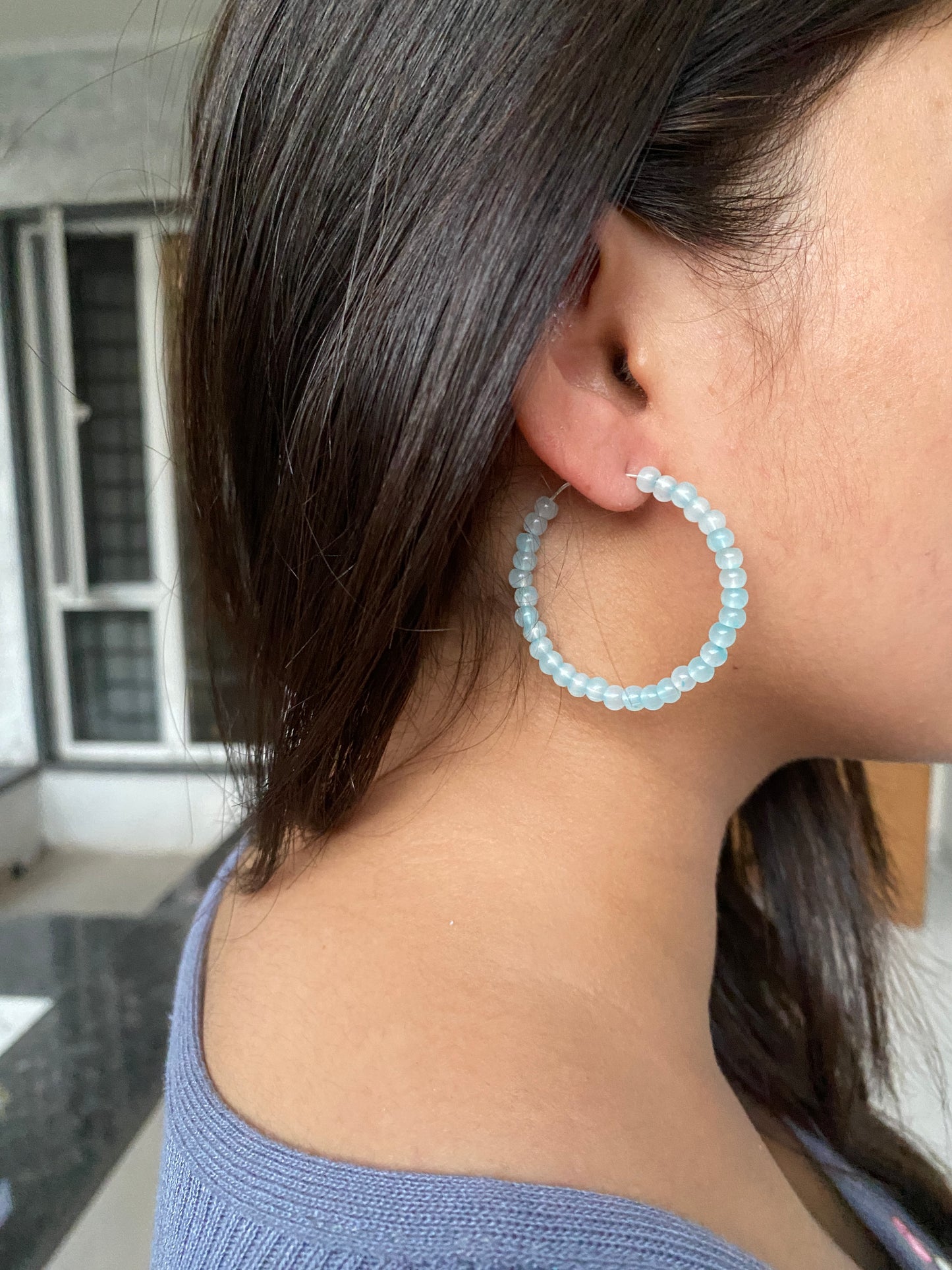 WATER SHINE SKY BLUE PEARLS HOOP EARRINGS