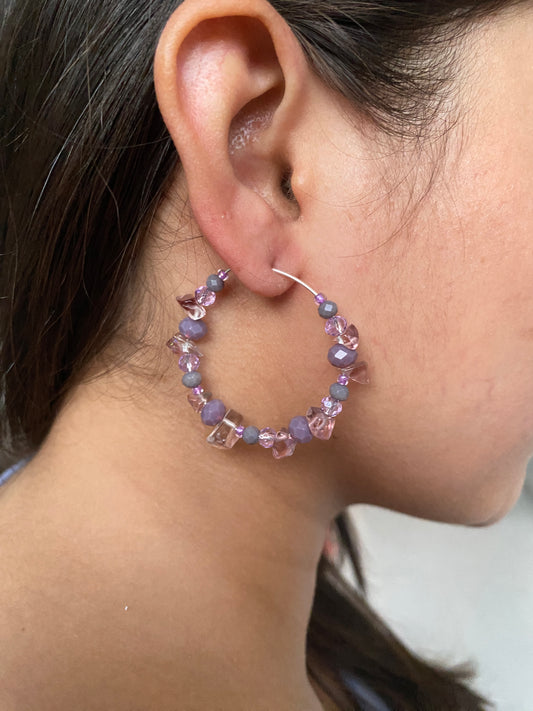 PURPLE AND GREY CRYSTAL HOOP EARRINGS