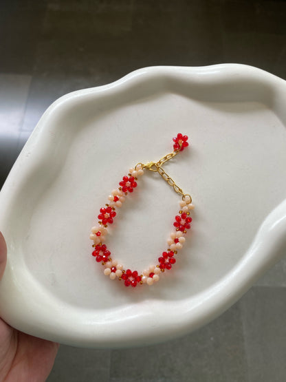 RED AND NUDE CRYSTAL FLOWER BRACELET