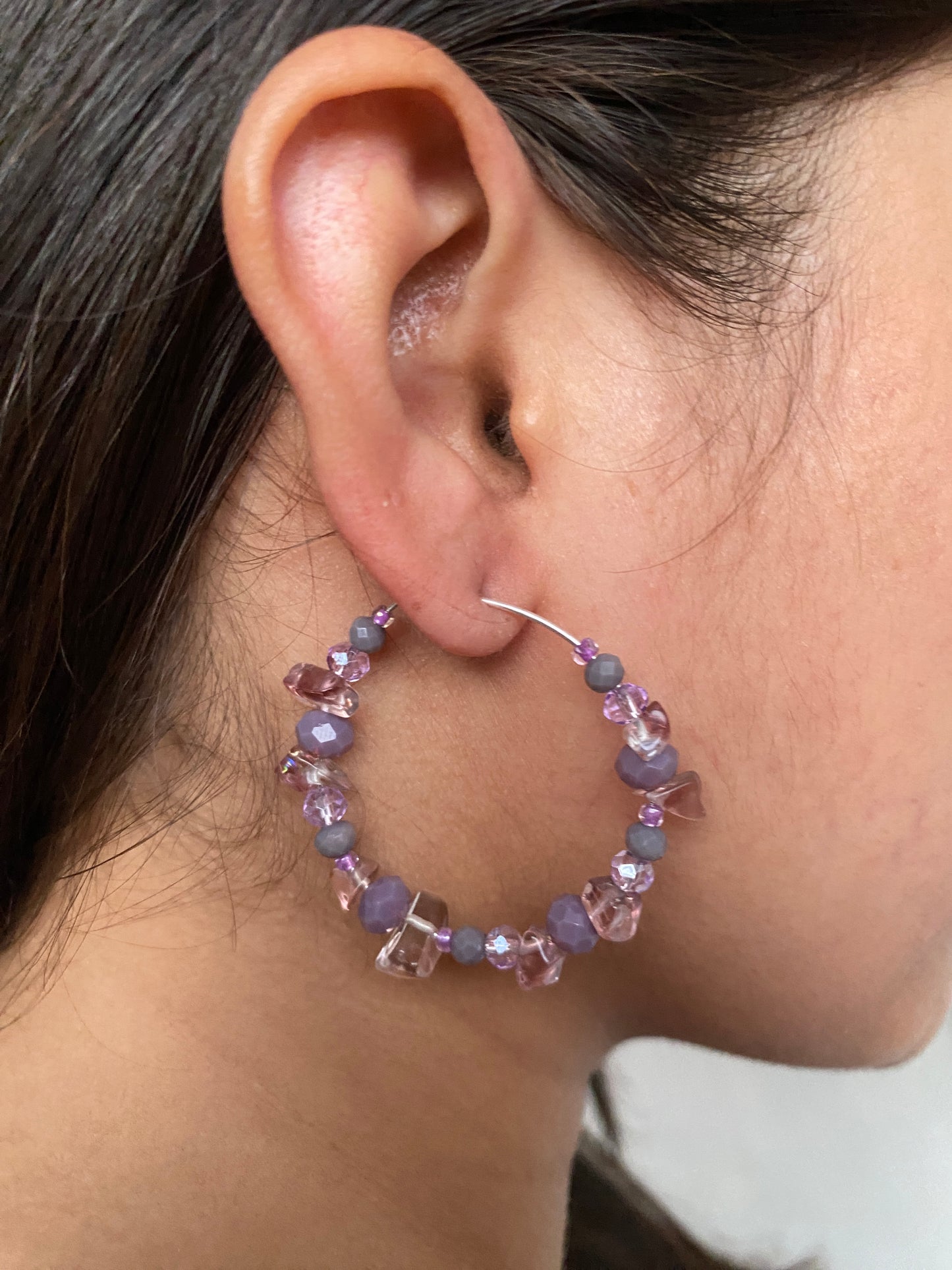 PURPLE AND GREY CRYSTAL HOOP EARRINGS