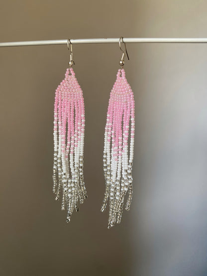 PINK FEATHER FRINGE TASSEL EARRINGS