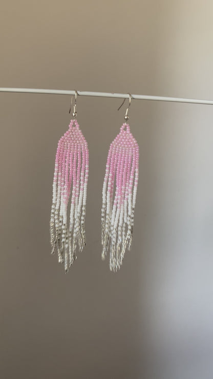 PINK FEATHER FRINGE TASSEL EARRINGS