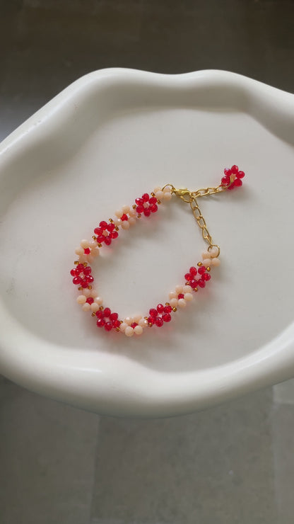 RED AND NUDE CRYSTAL FLOWER BRACELET