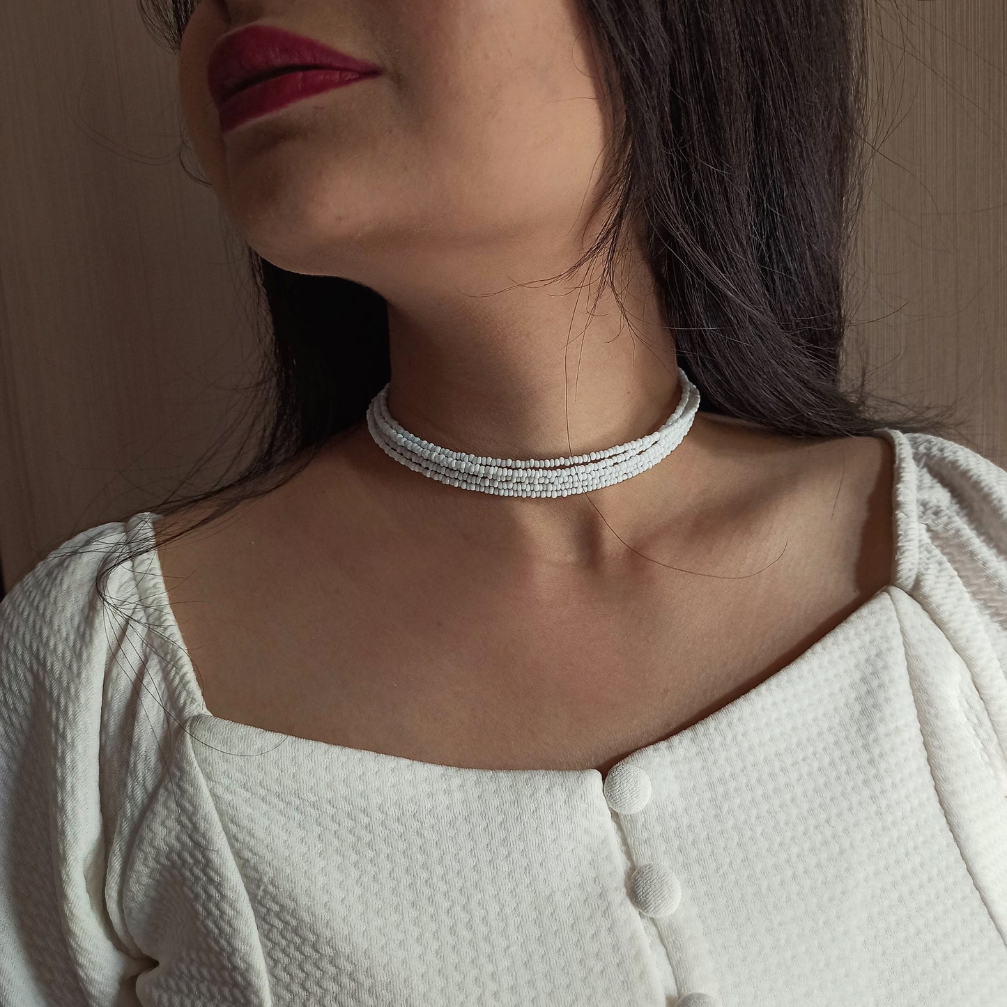 WHITE BEADED FIVE LAYER CHOKER