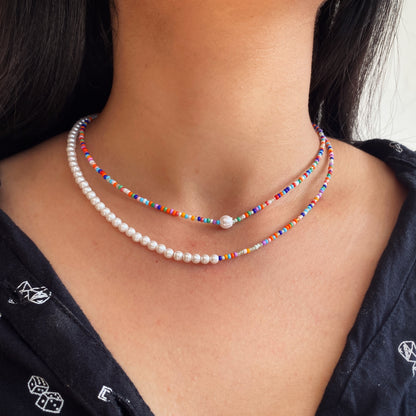 DOUBLE LAYER MULTICOLOR HALF PEARL NECKLACE