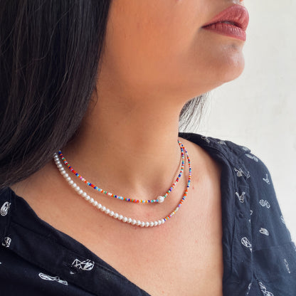 DOUBLE LAYER MULTICOLOR HALF PEARL NECKLACE