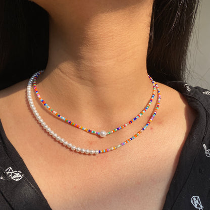 DOUBLE LAYER MULTICOLOR HALF PEARL NECKLACE