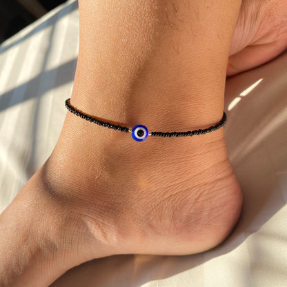 EVIL EYE ANKLET WITH BLACK BEADS