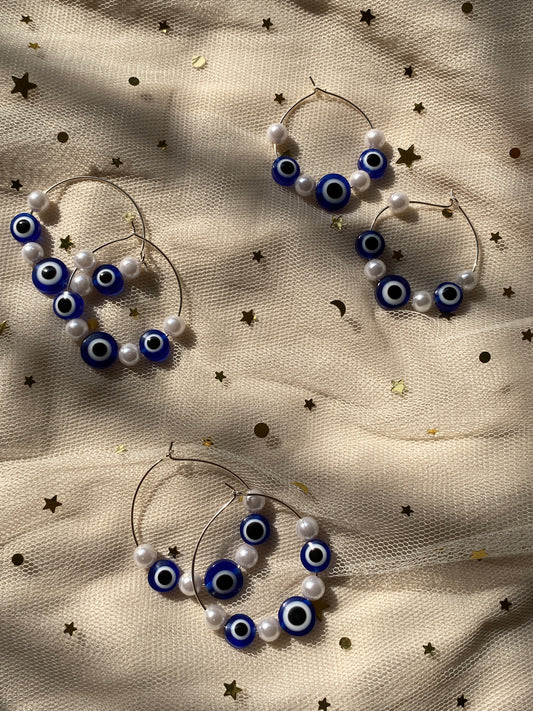 Evil eye pearl hoop earrings