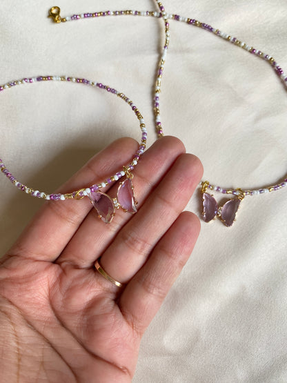 LILAC BUTTERFLY BEADS NECKLACE